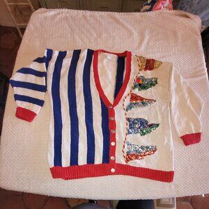 Women’s Hand Knitted Red White & Blue Cardigan Sweater with Anchor Buttons SZ L